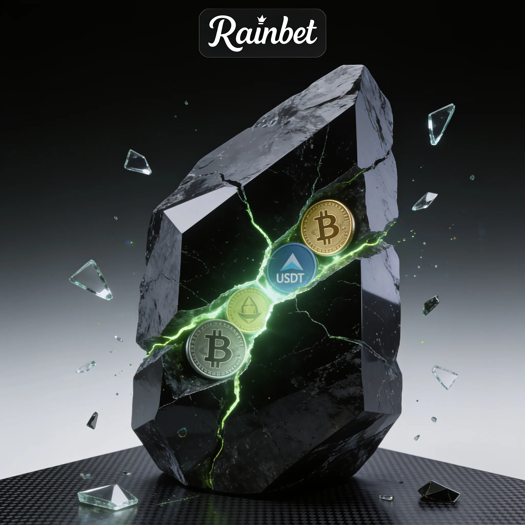 Rainbet crypto coins inside a dark stone monolith