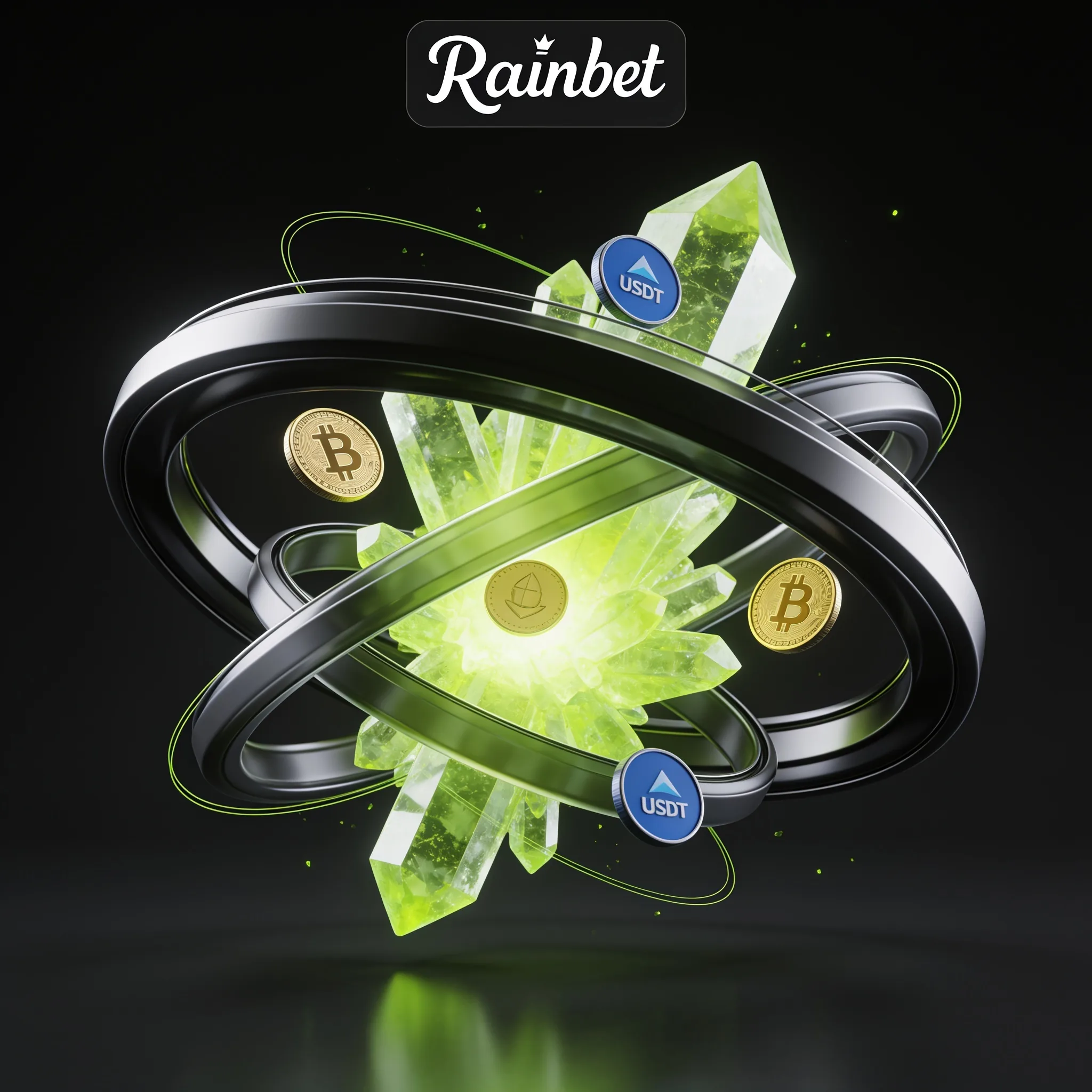 Rainbet green crystal surrounded by crypto coins and silver rings