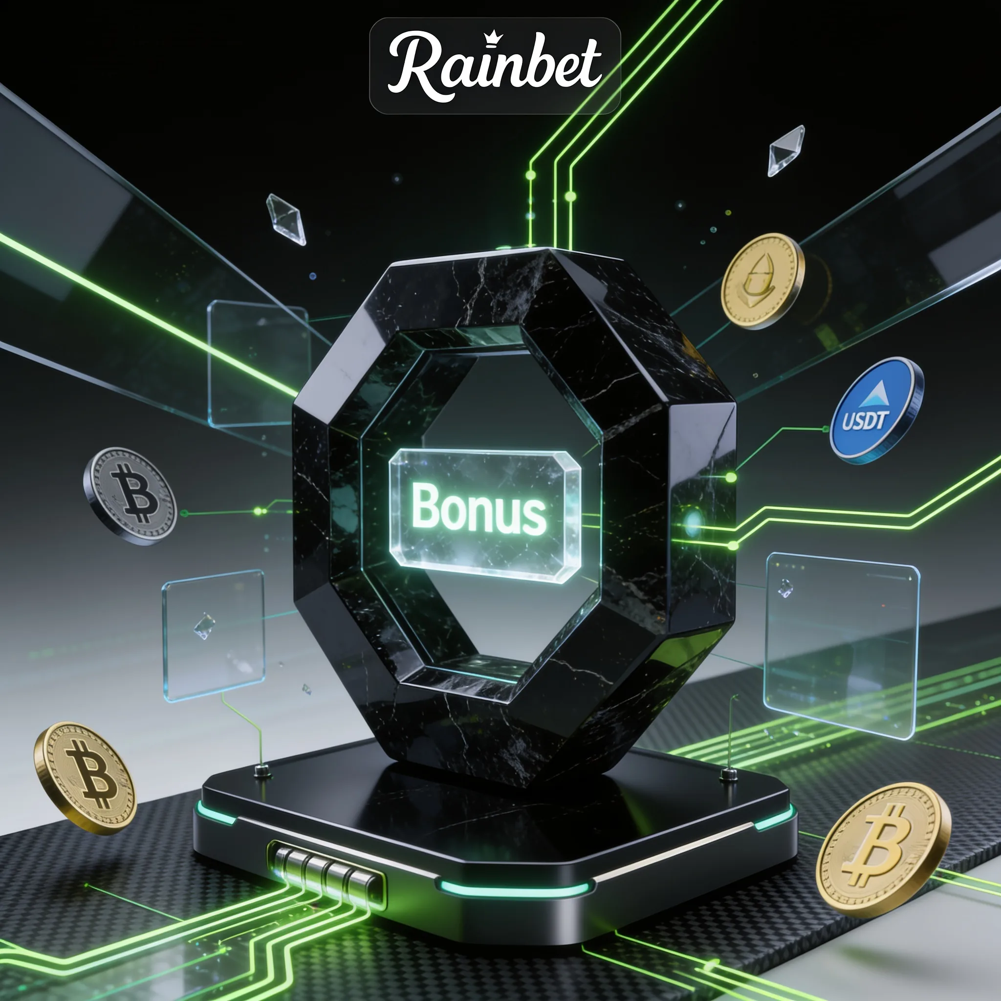 Rainbet bonus illustration with crypto coins