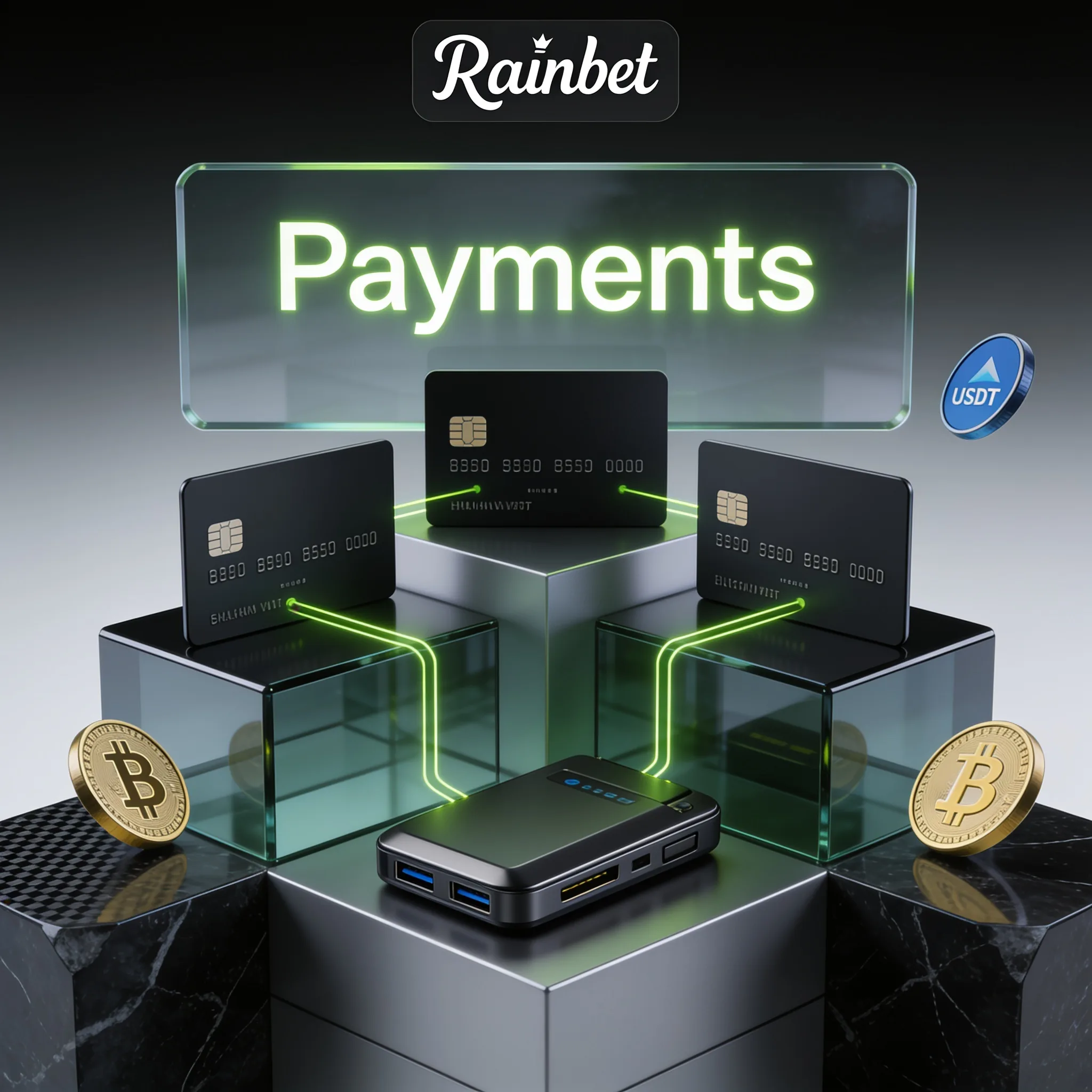 Rainbet payment illustration with crypto coins and cards